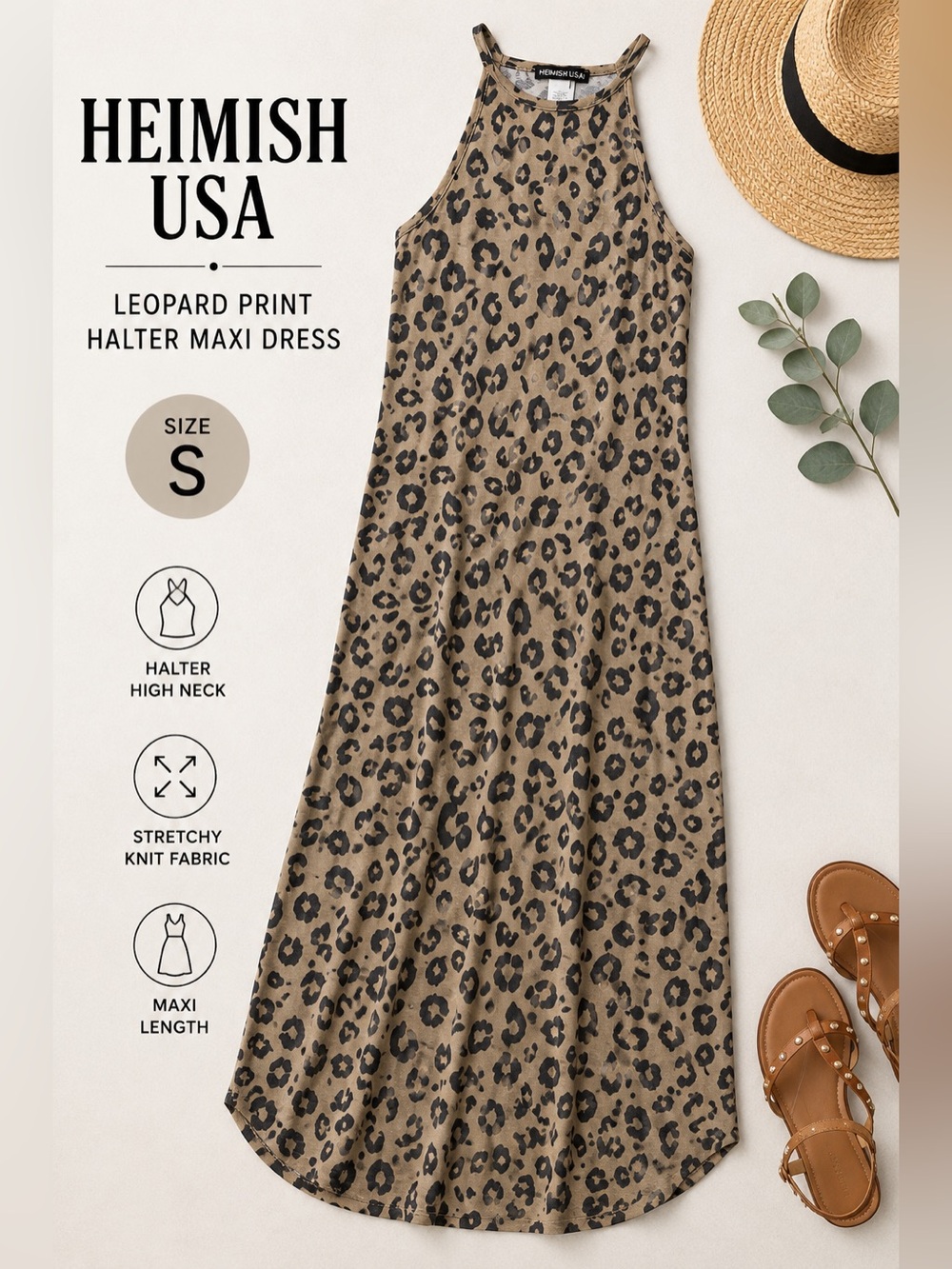 HEIMISH USA Leopard Print Halter Maxi Dress - Taupe & Black